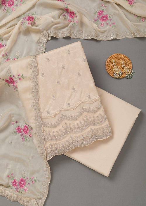 Beige Cording Soft Raw Silk Unstitched Salwar Suit