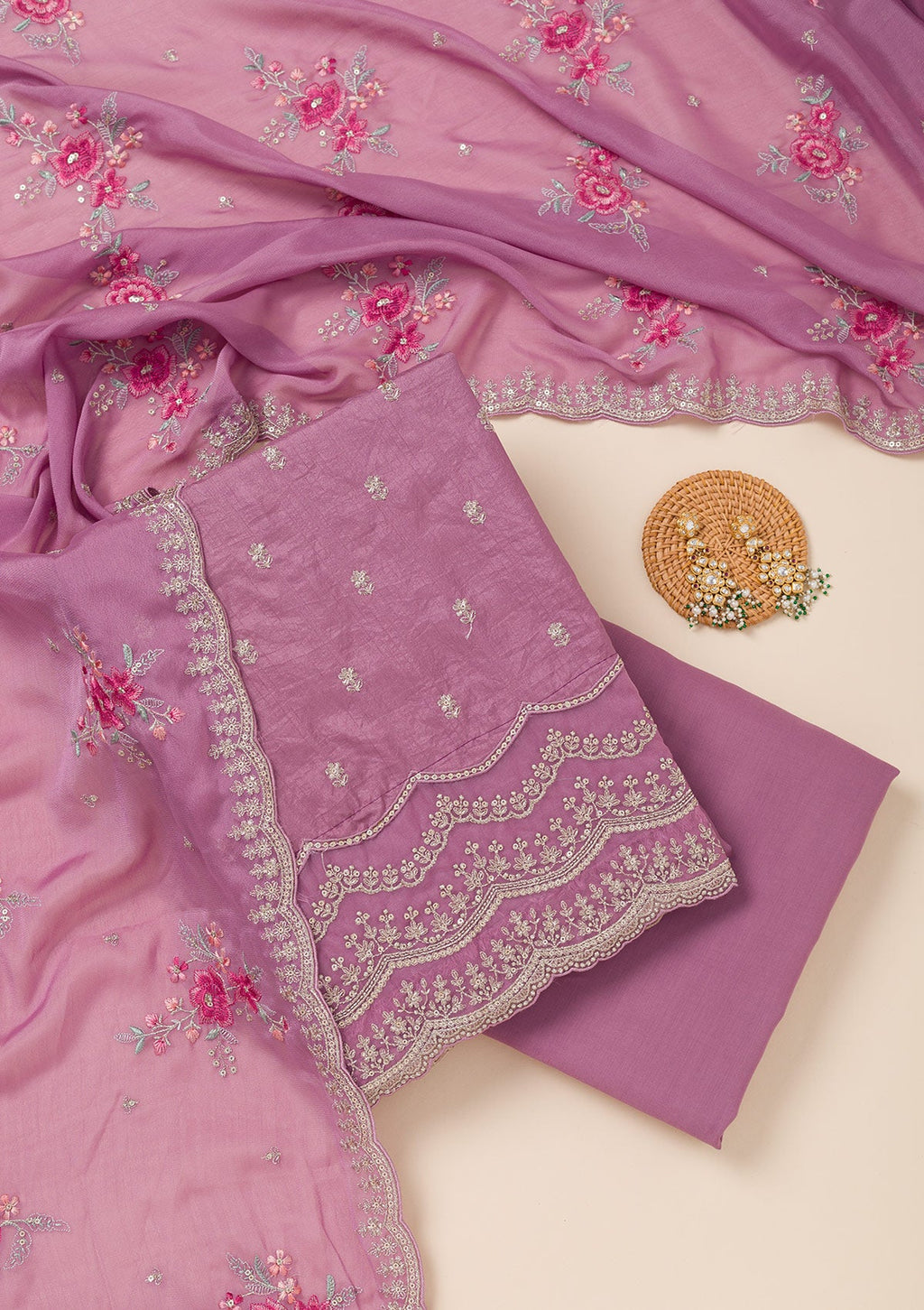 Lavender Cording Soft Raw Silk Unstitched Salwar Suit