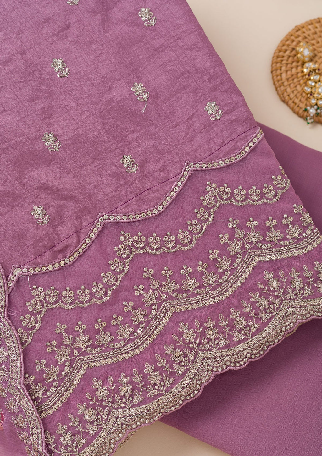 Lavender Cording Soft Raw Silk Unstitched Salwar Suit