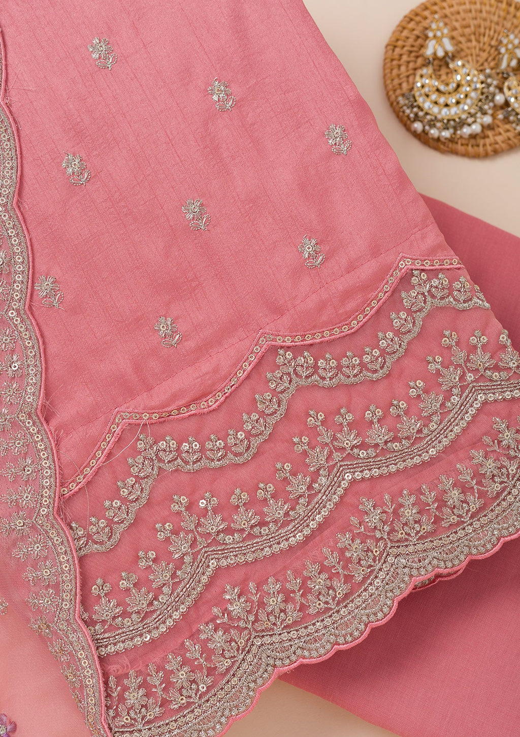 Peach Cording Soft Raw Silk Unstitched Salwar Suit