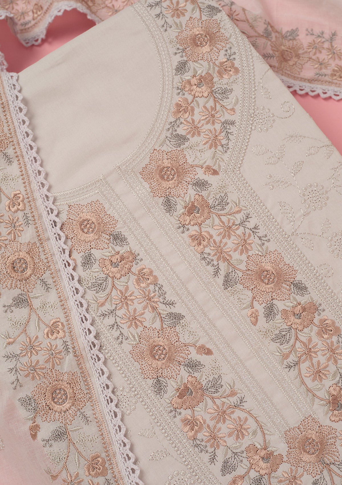 Light Grey Threadwork Cotton Unstitched Salwar Suit