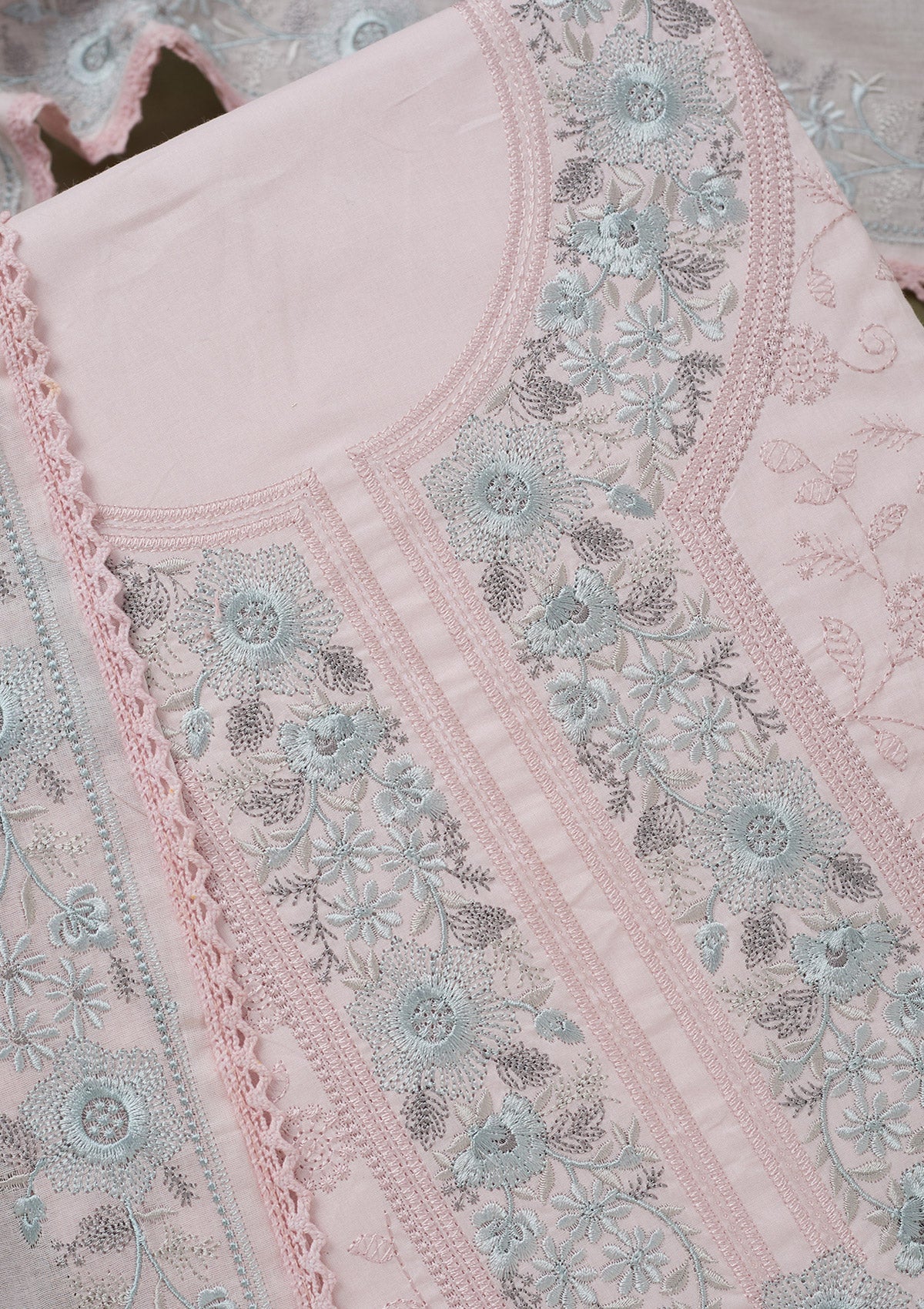 Peach Threadwork Cotton Unstitched Salwar Suit