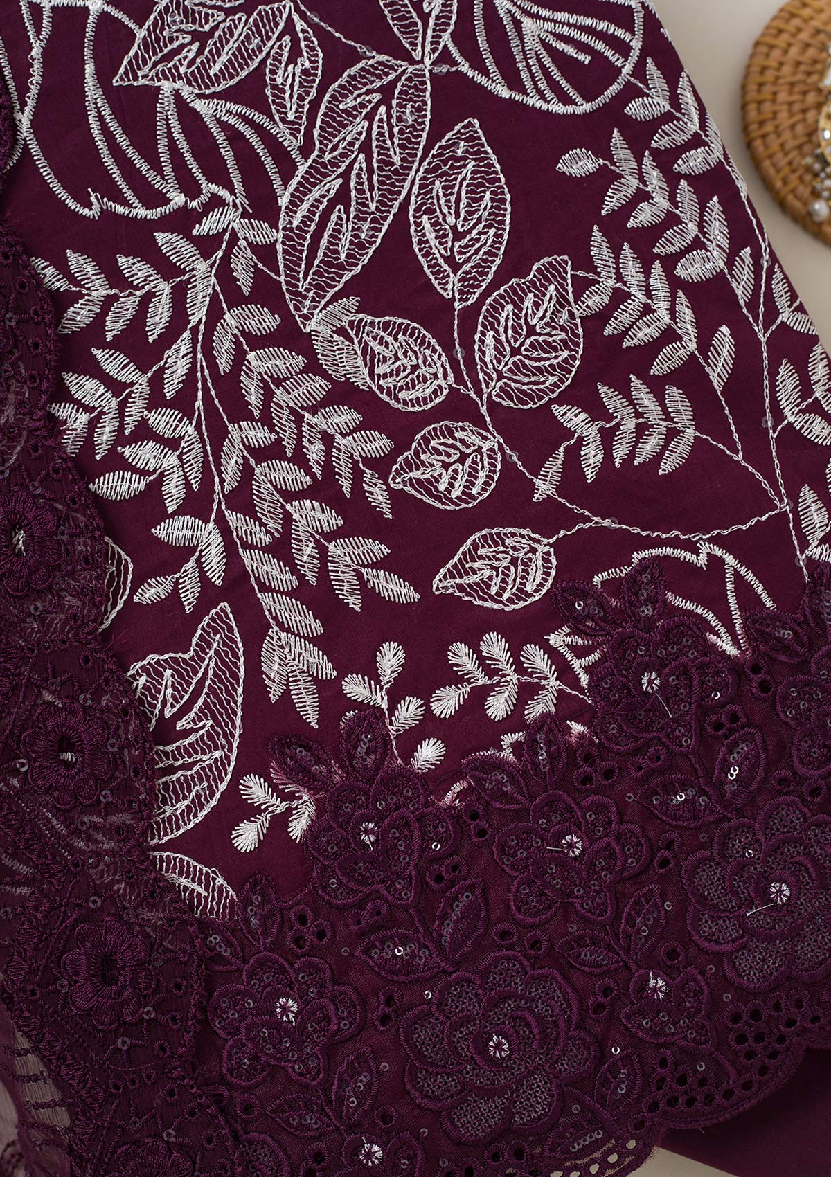 Wine Threadwork Cotton Unstitched Salwar Suit