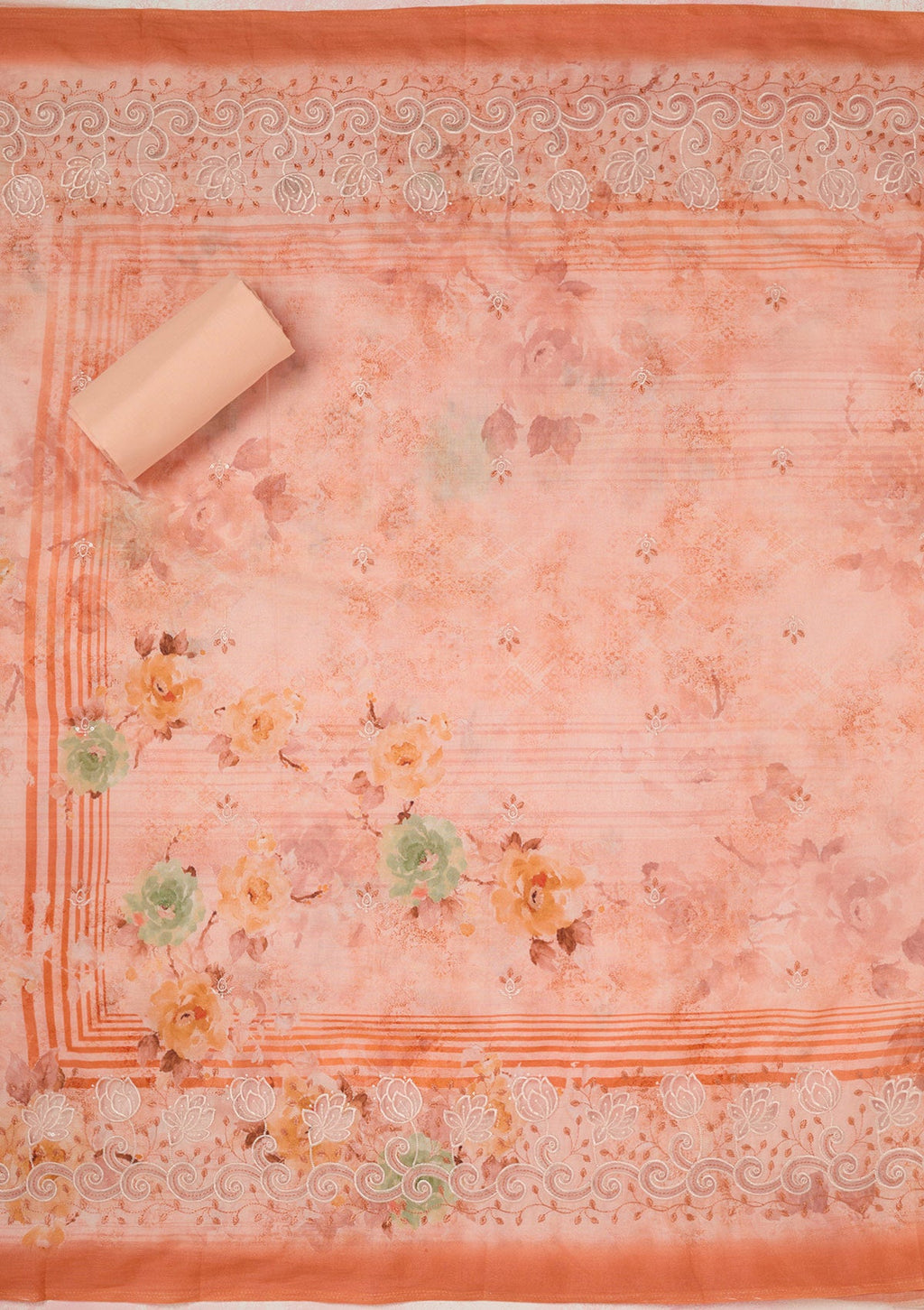 Peach Threadwork Linen Unstitched Salwar Suit