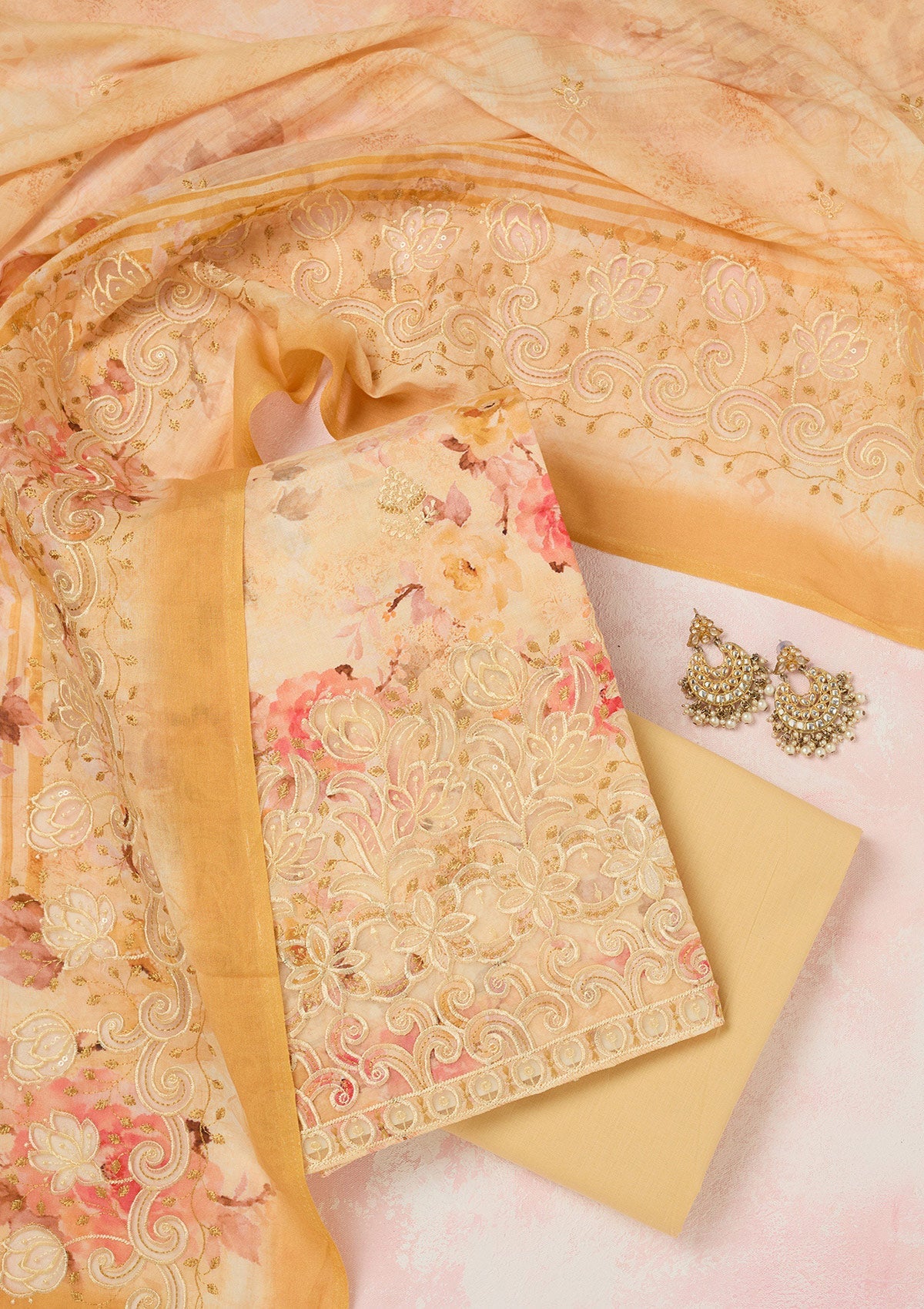 Yellow Threadwork Linen Unstitched Salwar Suit