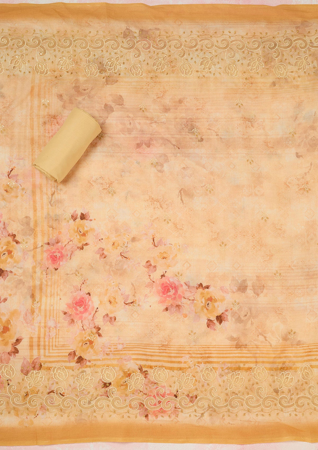 Yellow Threadwork Linen Unstitched Salwar Suit