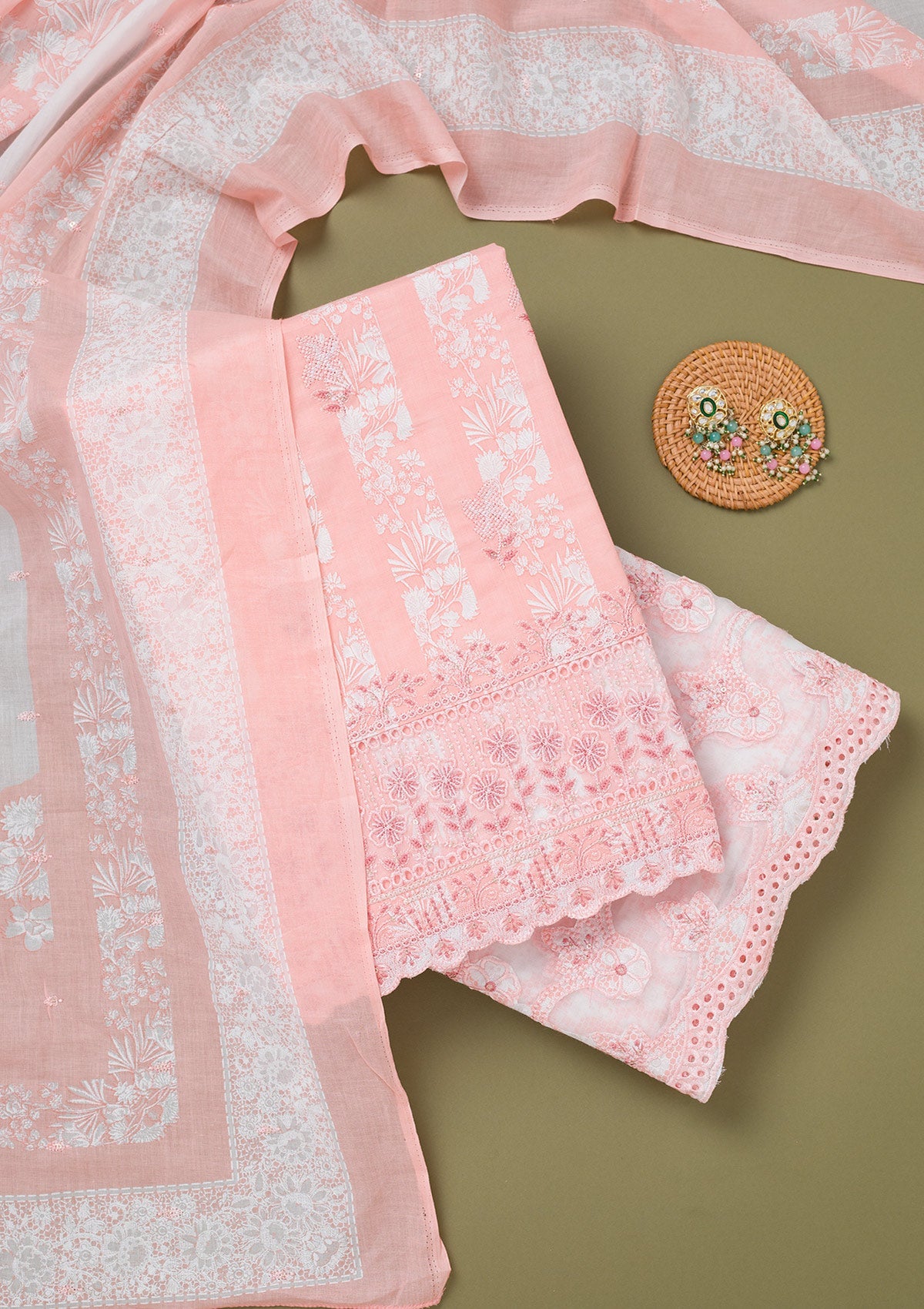 Peach Threadwork Cotton Unstitched Salwar Suit