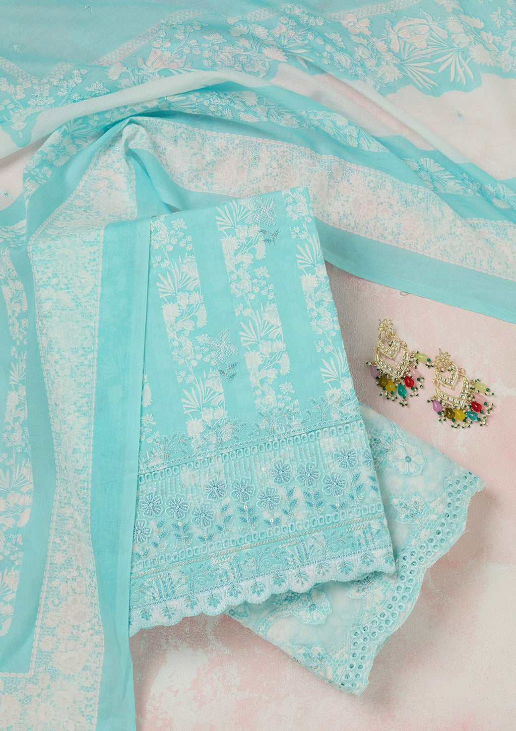Sky Blue Threadwork Cotton Unstitched Salwar Suit