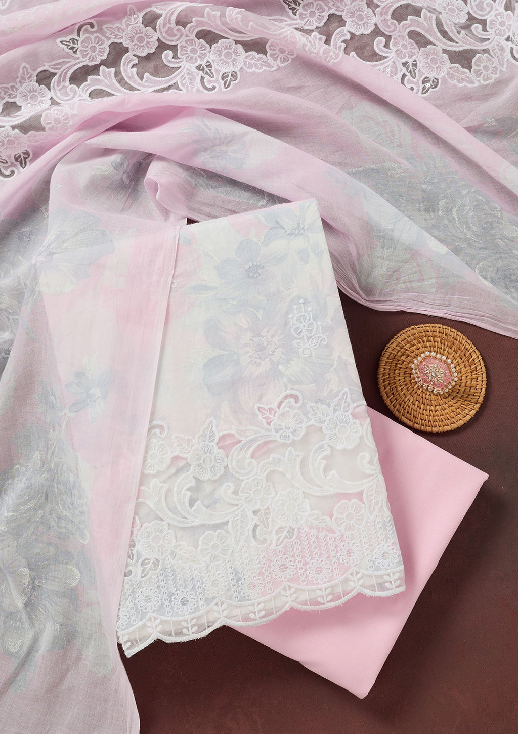 Baby Pink Threadwork Cotton Unstitched Salwar Suit