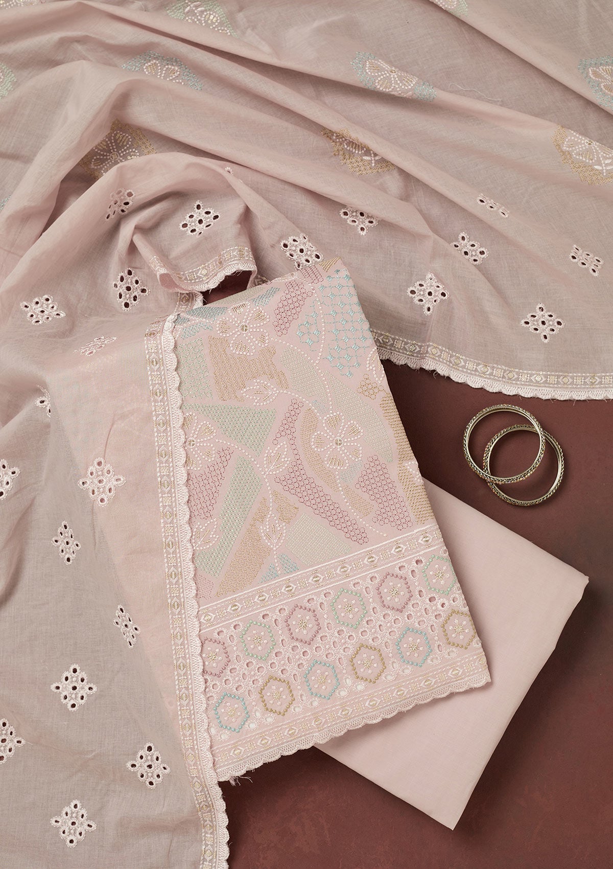 Baby Pink Thread Embroidery Cotton Unstitched Salwar Suit