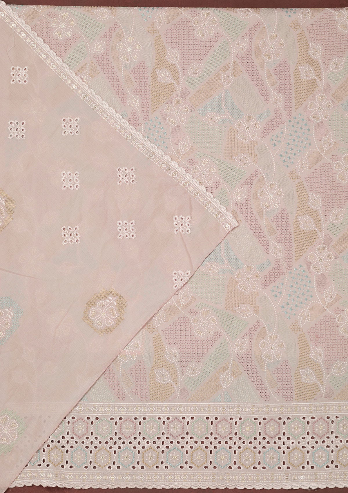 Baby Pink Thread Embroidery Cotton Unstitched Salwar Suit