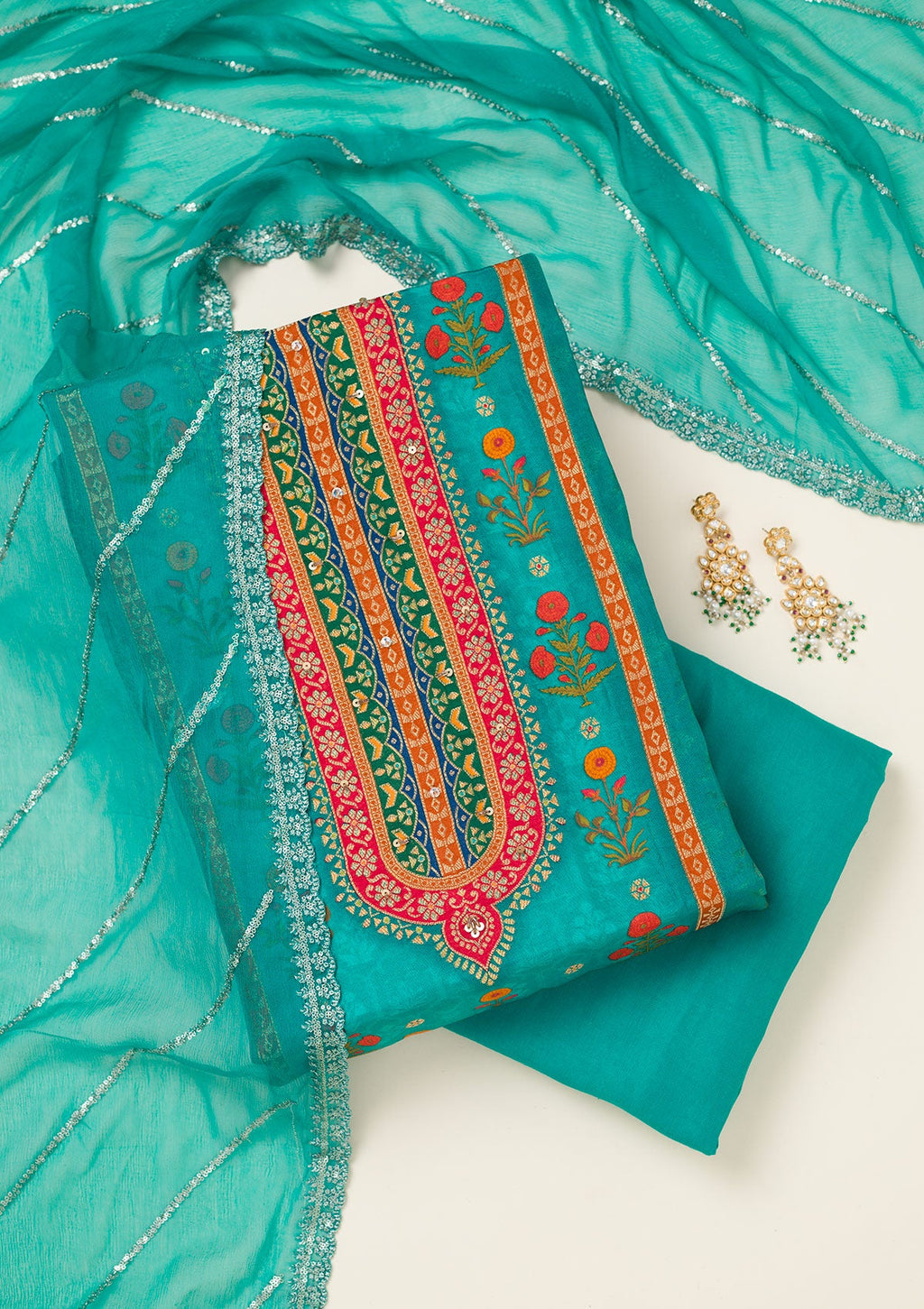 Rama Green Zariwork Dola Silk Unstitched Salwar Suit