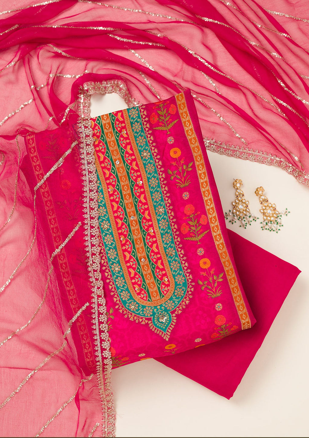 Rani Pink Zariwork Dola Silk Unstitched Salwar Suit