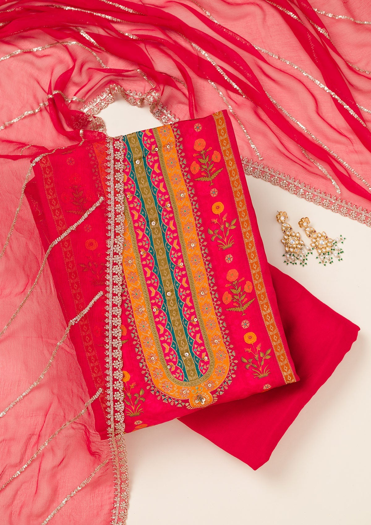 Red Zariwork Dola Silk Unstitched Salwar Suit
