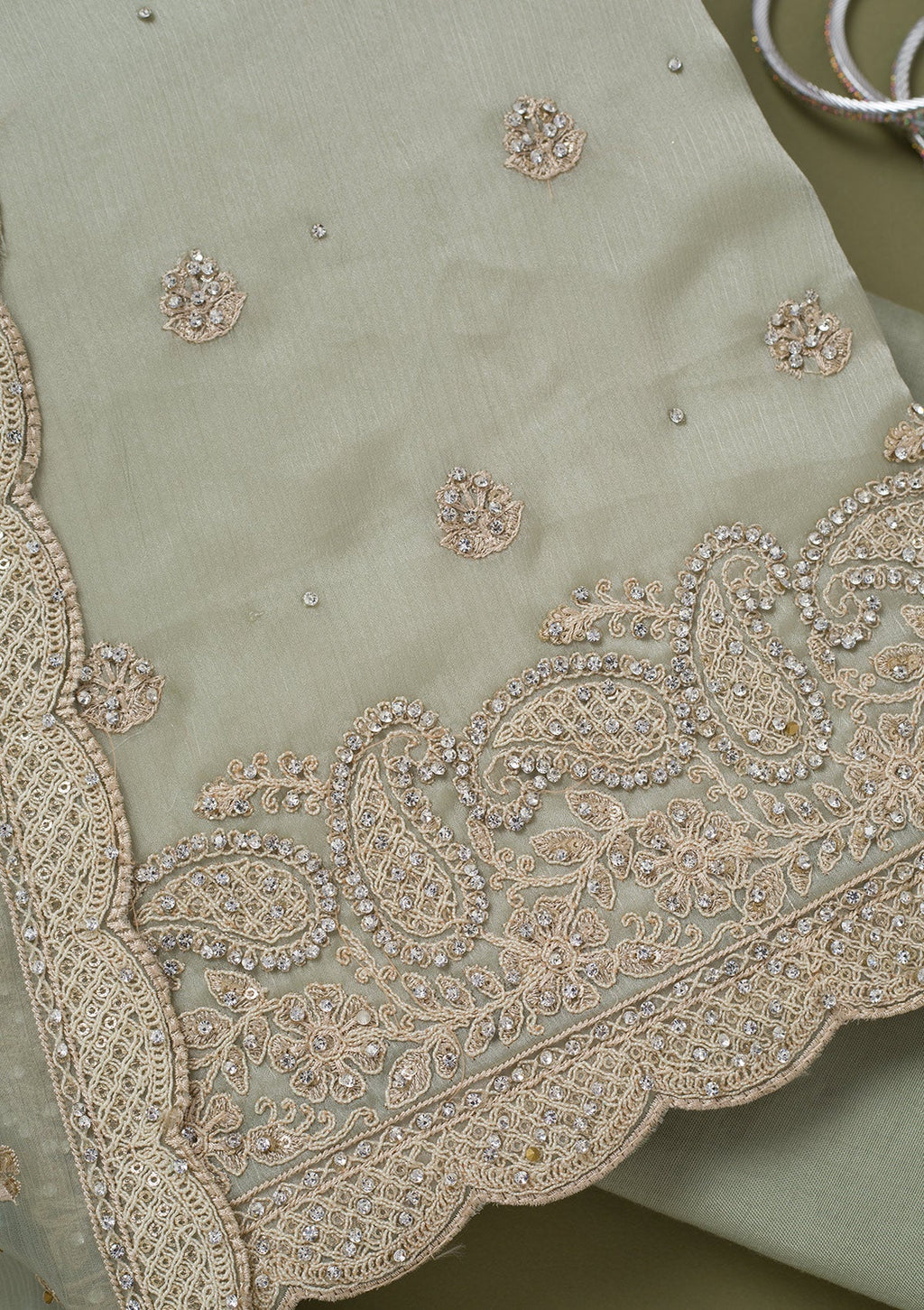 Pista Green Cording Chinon Unstitched Salwar Suit