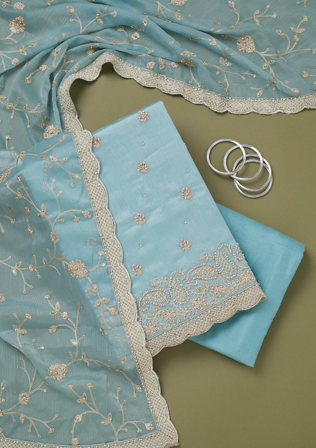 Sky Blue Cording Chinon Unstitched Salwar Suit