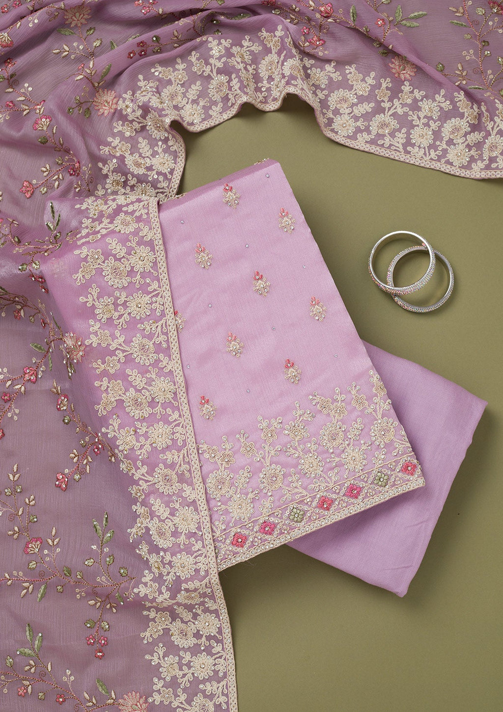 Lavender Cording Chinon Unstitched Salwar Suit