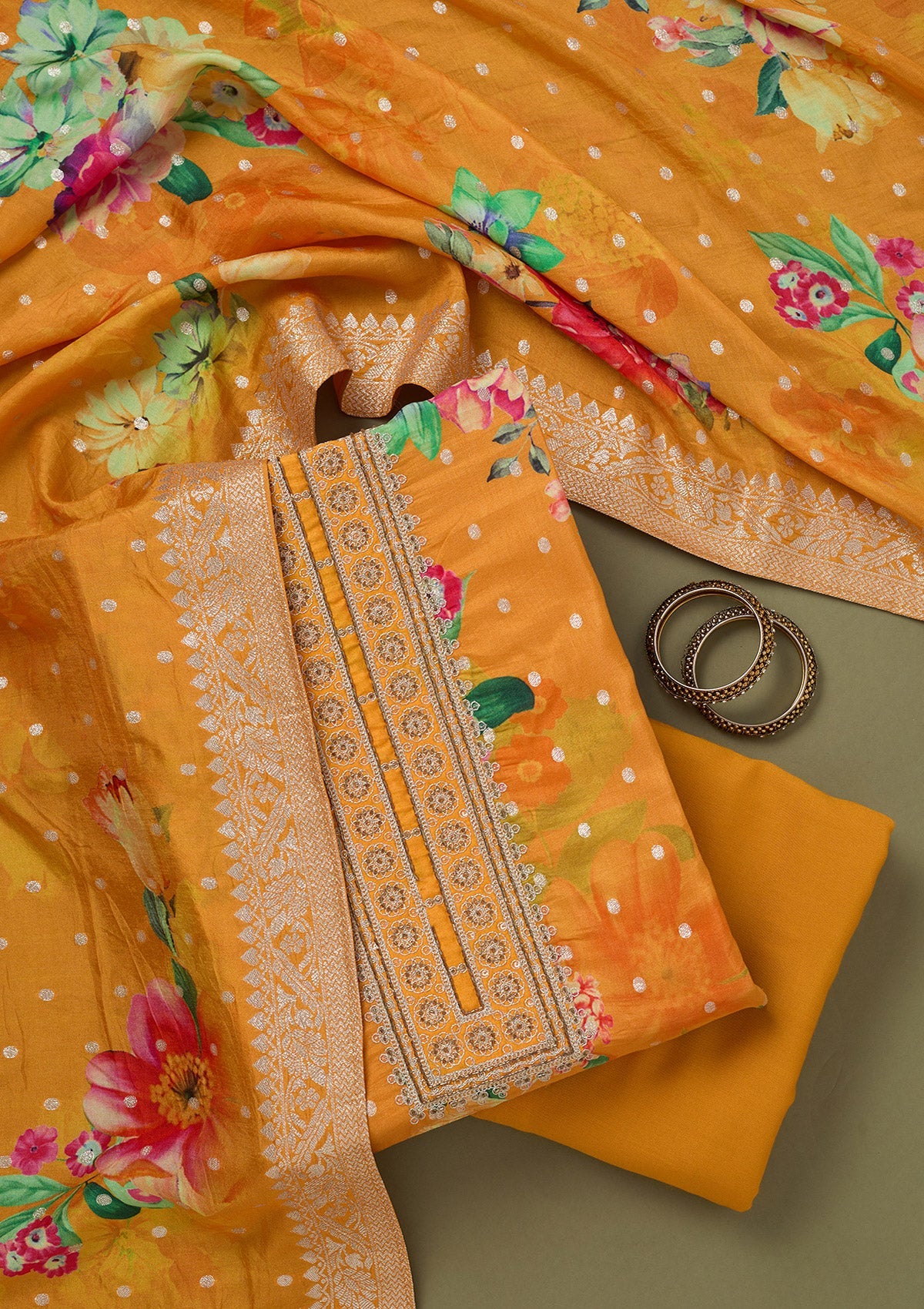 Mustard Zariwork Dola Silk Unstitched Salwar Suit