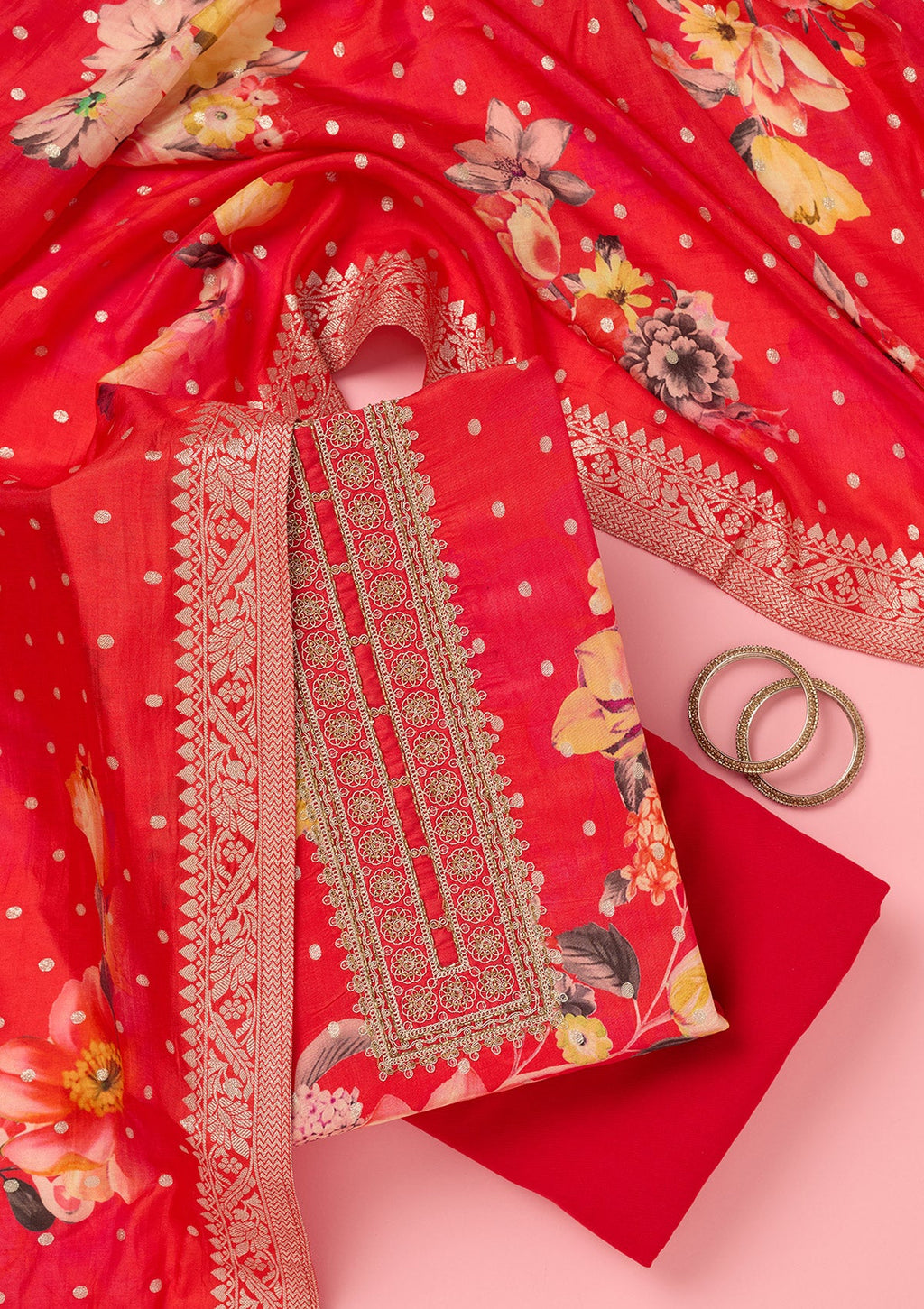 Pink Zariwork Dola Silk Unstitched Salwar Suit