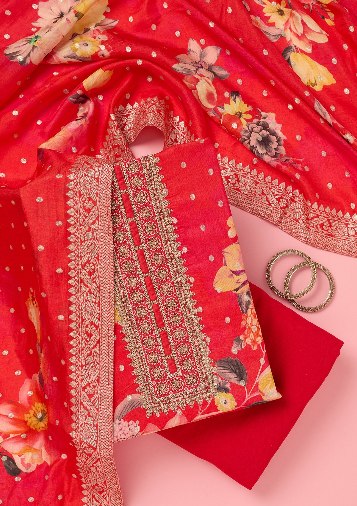 Pink Zariwork Dola Silk Unstitched Salwar Suit