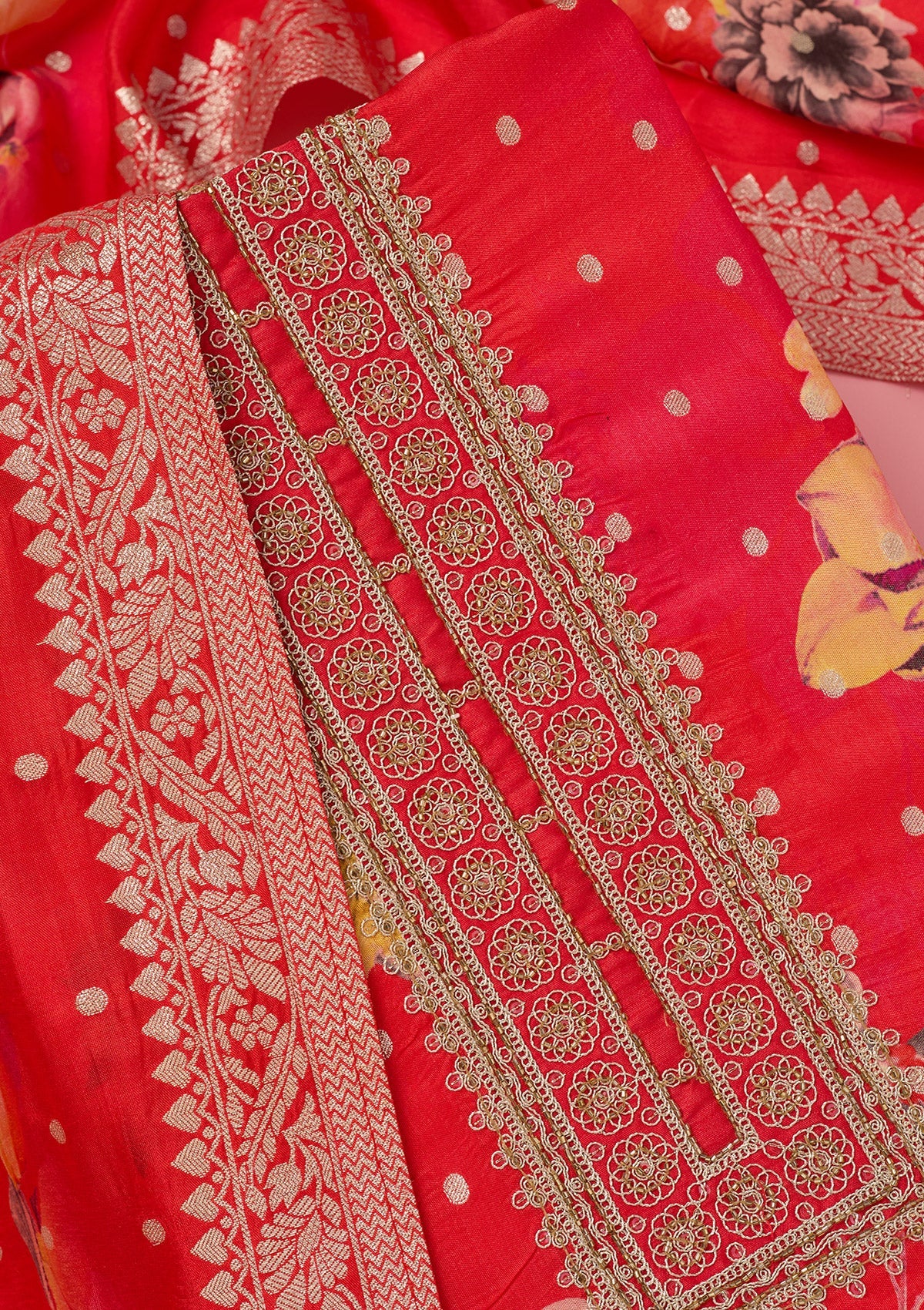Pink Zariwork Dola Silk Unstitched Salwar Suit