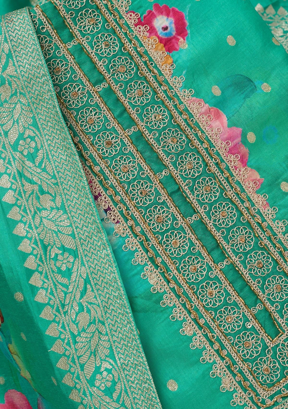 Sea Green Zariwork Dola Silk Unstitched Salwar Suit