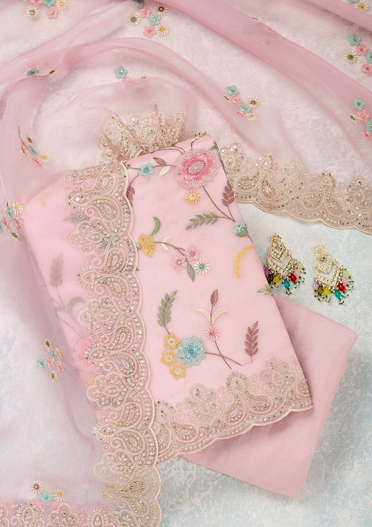 Pink Threadwork Semi Crepe Unstitched Salwar Suit