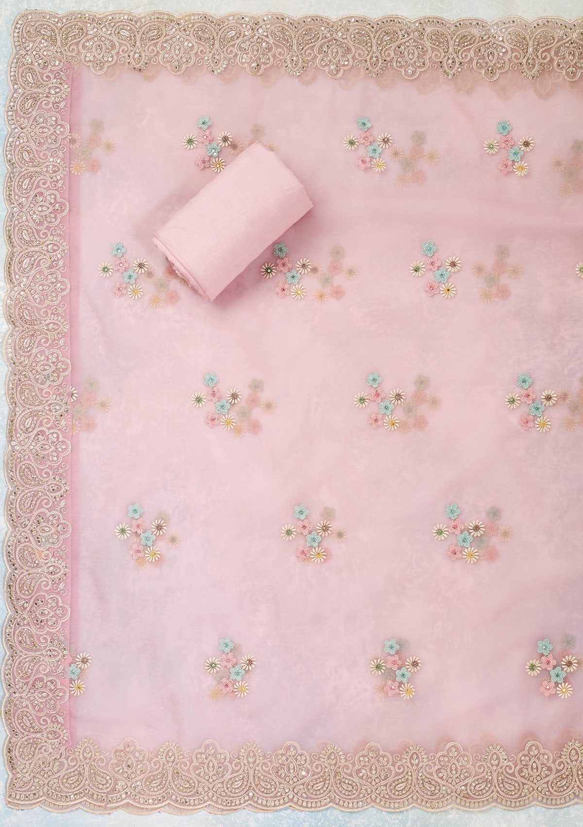 Pink Threadwork Semi Crepe Unstitched Salwar Suit
