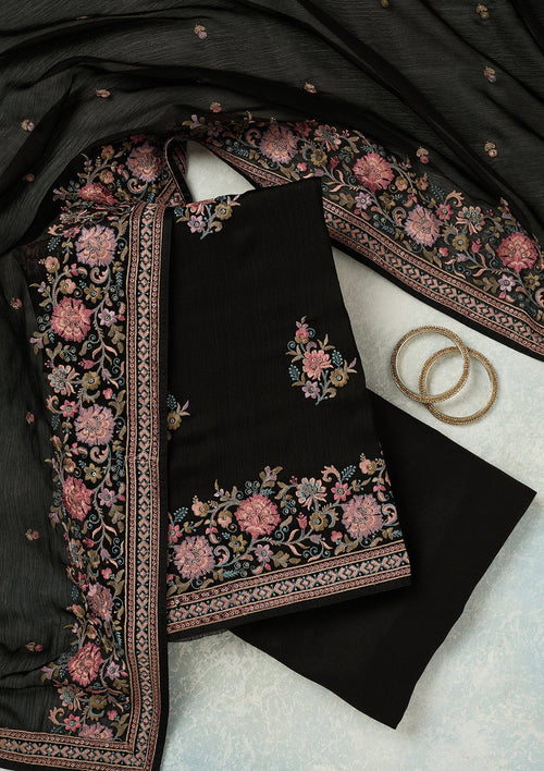 Black Kashmiri Chinon Unstitched Salwar Suit