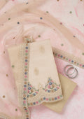 Beige Threadwork Semi Crepe Unstitched Salwar Suit