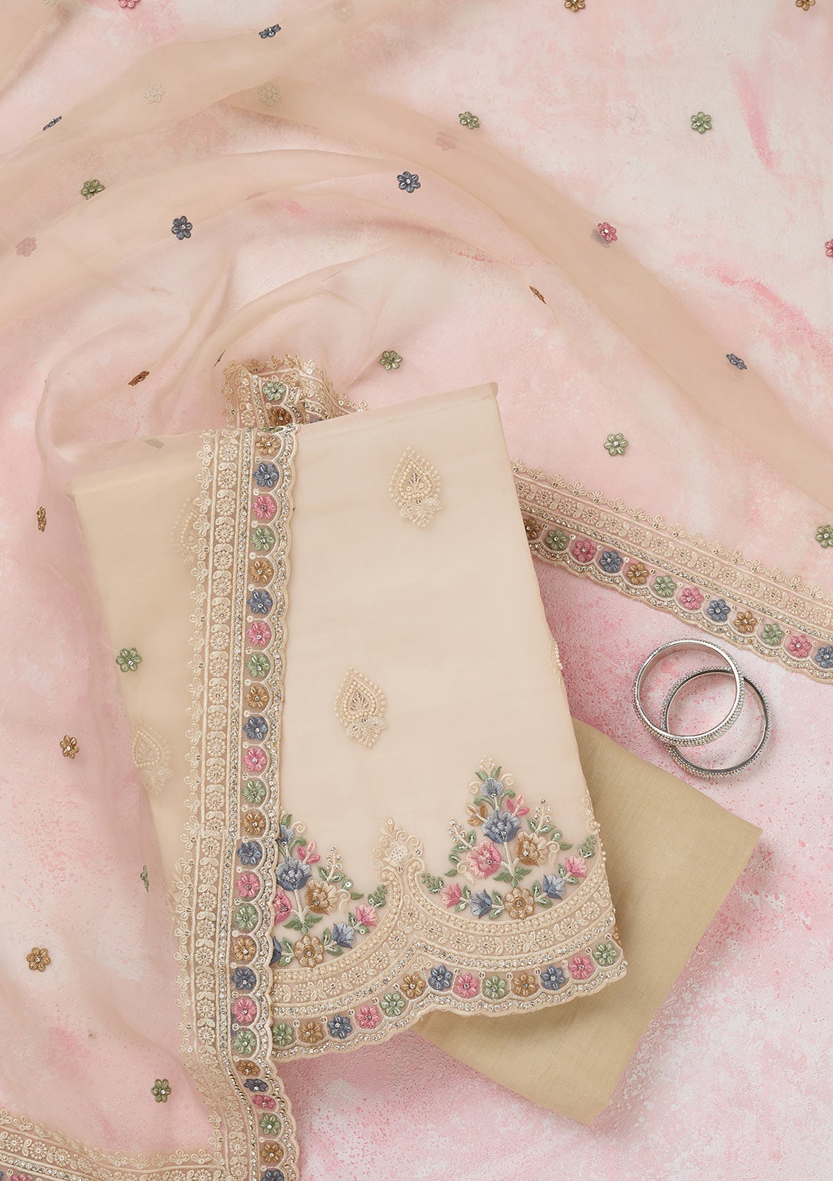 Beige Threadwork Semi Crepe Unstitched Salwar Suit