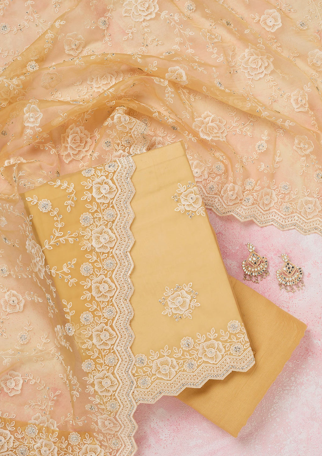 Yellow Threadwork Semi Crepe Unstitched Salwar Suit