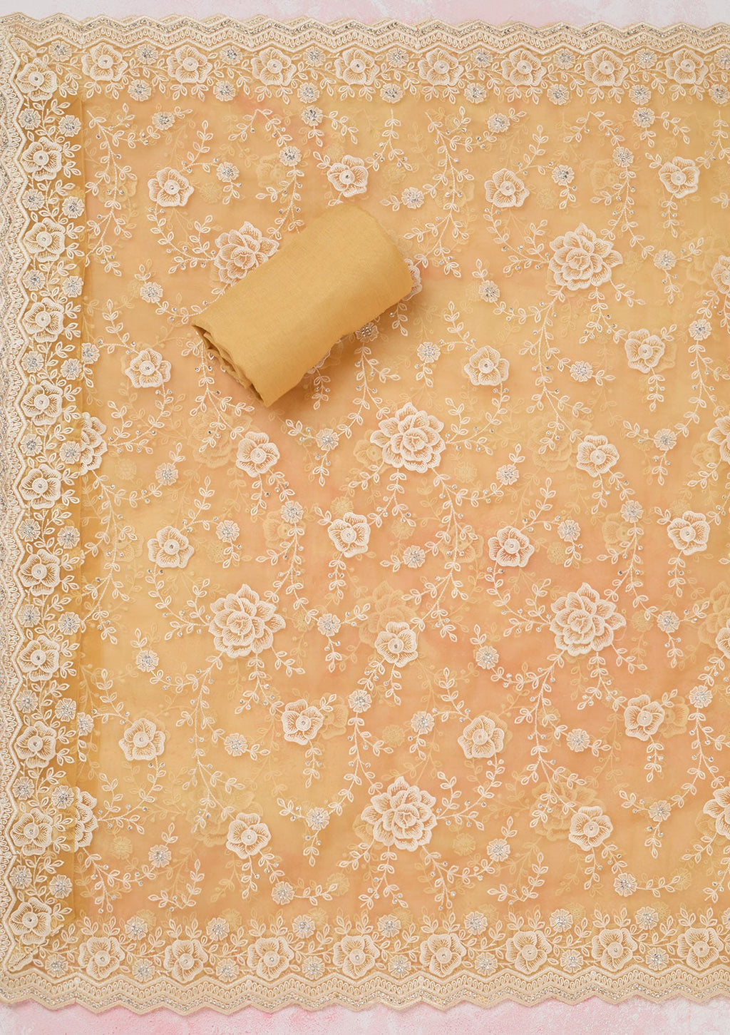 Yellow Threadwork Semi Crepe Unstitched Salwar Suit