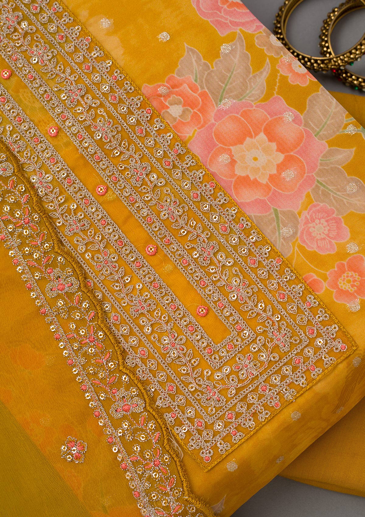 Mustard Yellow Zariwork Organza Unstitched Salwar Suit