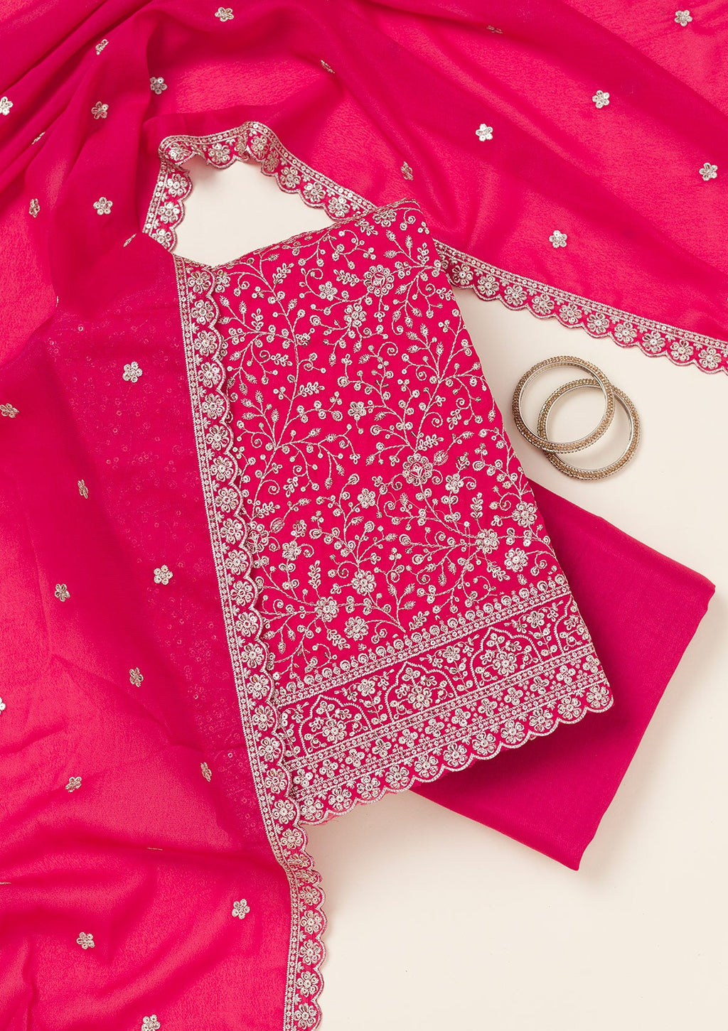 Rani Pink Threadwork Georgette Unstitched Salwar Suit