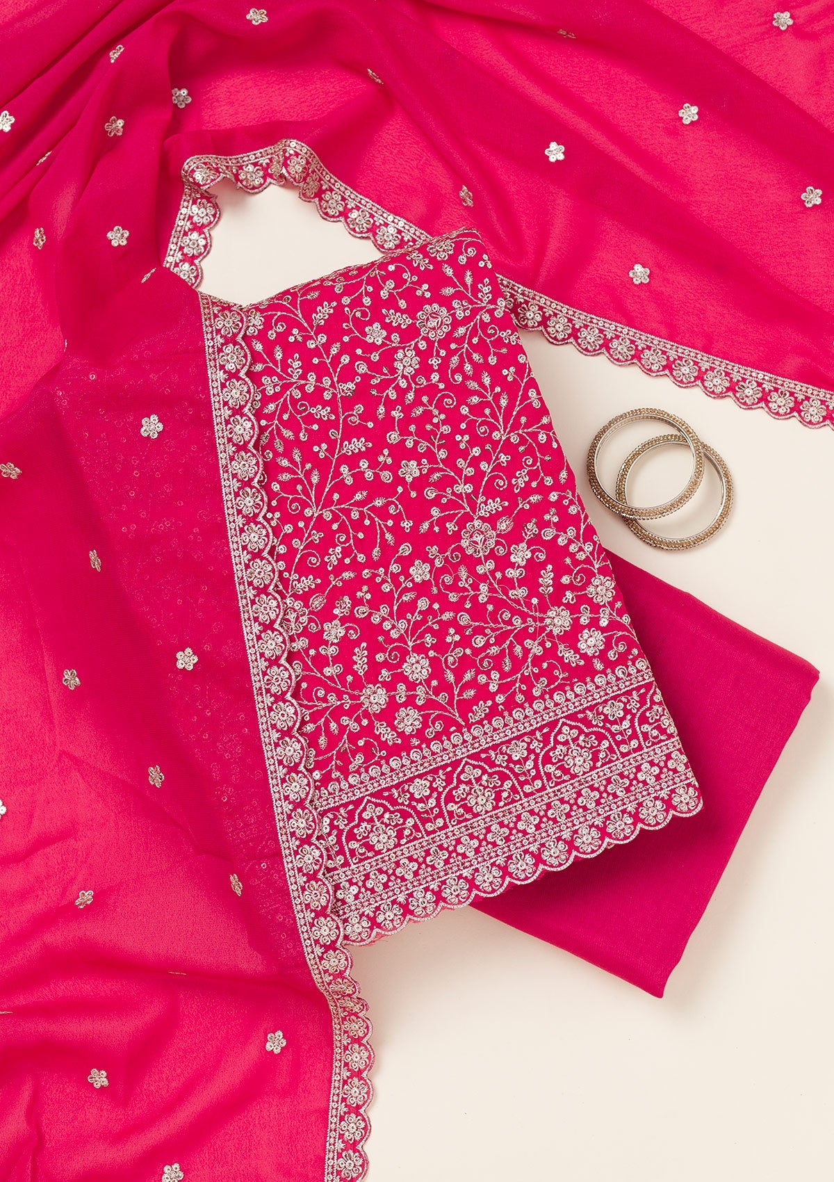 Rani Pink Threadwork Georgette Unstitched Salwar Suit