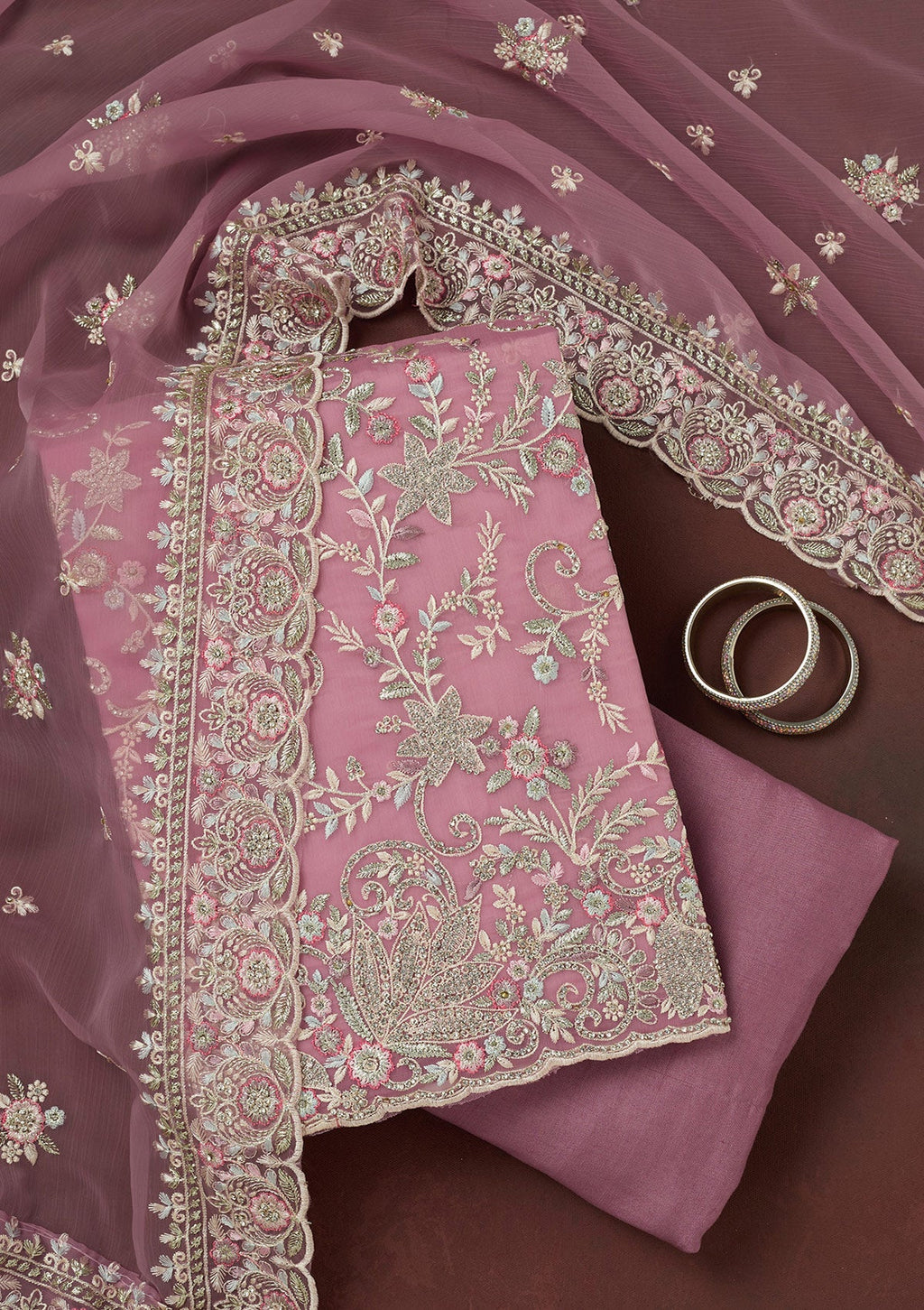 Lavender Stonework Semi Crepe Unstitched Salwar Suit