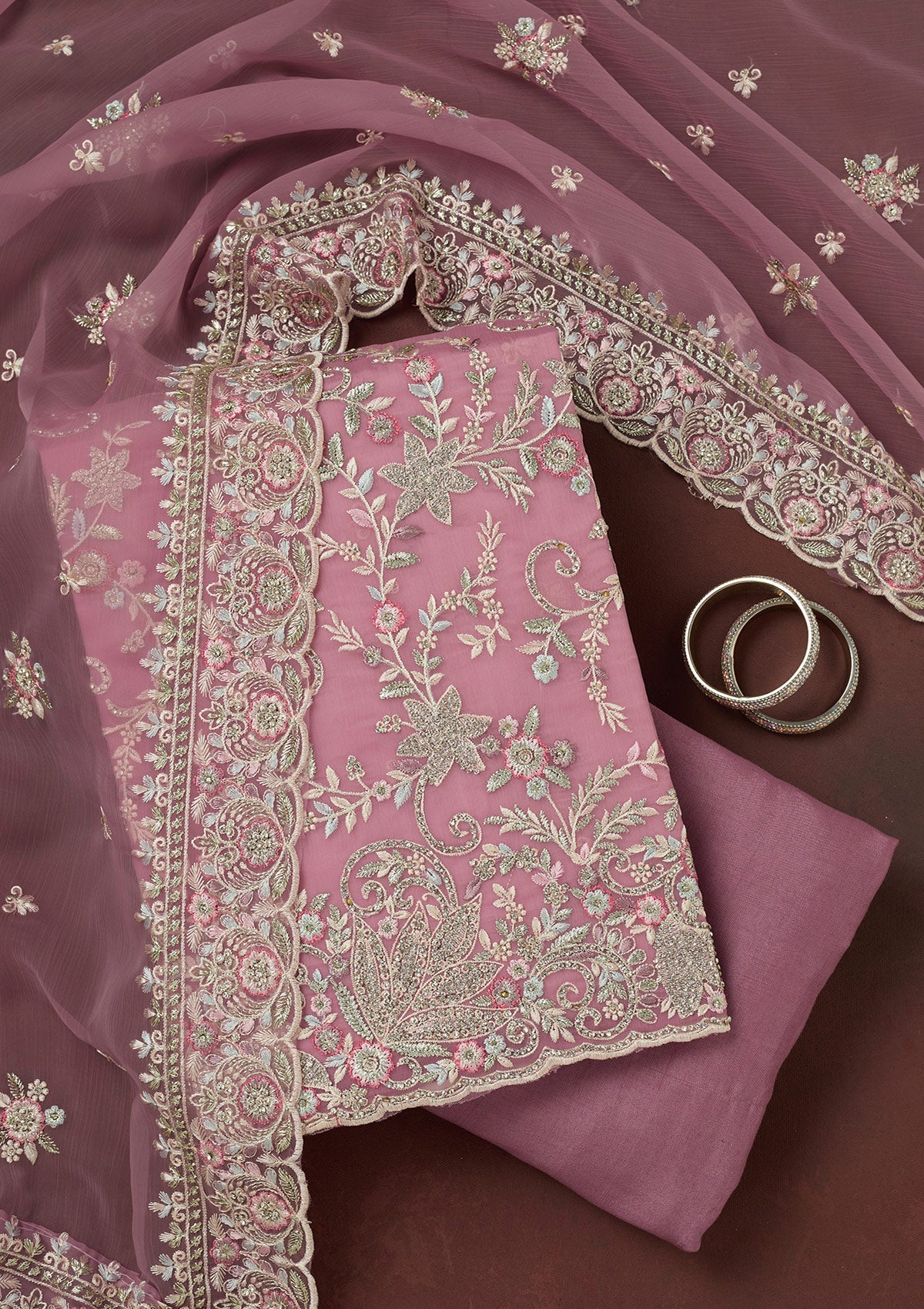 Lavender Stonework Semi Crepe Unstitched Salwar Suit
