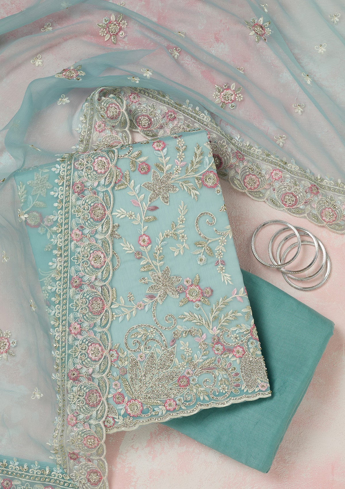 Sky Blue Stonework Semi Crepe Unstitched Salwar Suit