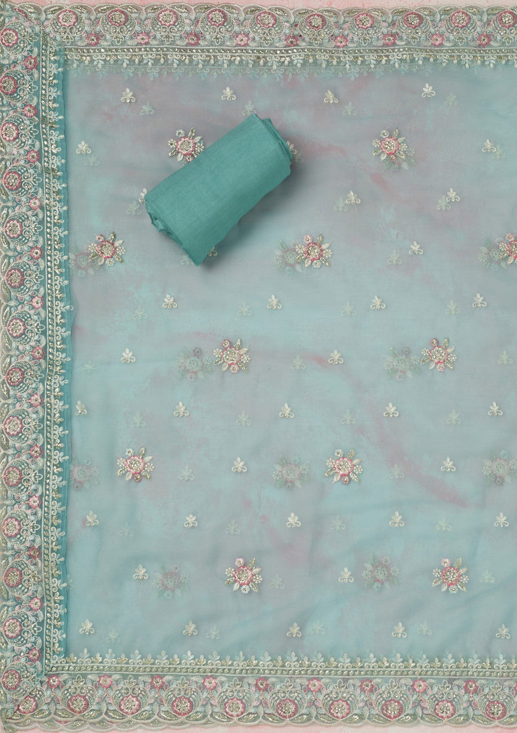 Sky Blue Stonework Semi Crepe Unstitched Salwar Suit