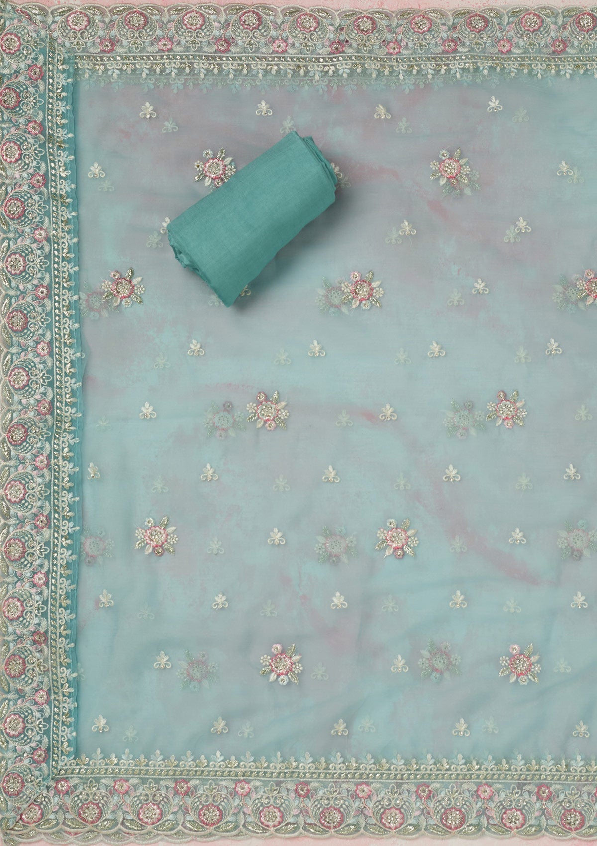 Sky Blue Stonework Semi Crepe Unstitched Salwar Suit