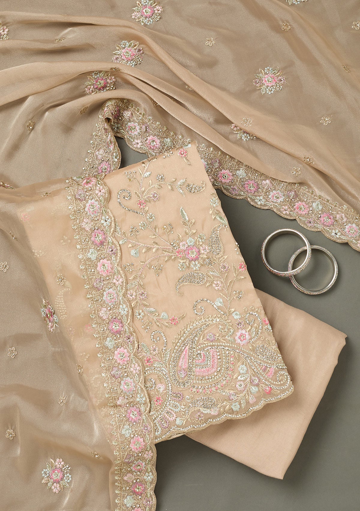 Beige Bling Semi Crepe Unstitched Salwar Suit