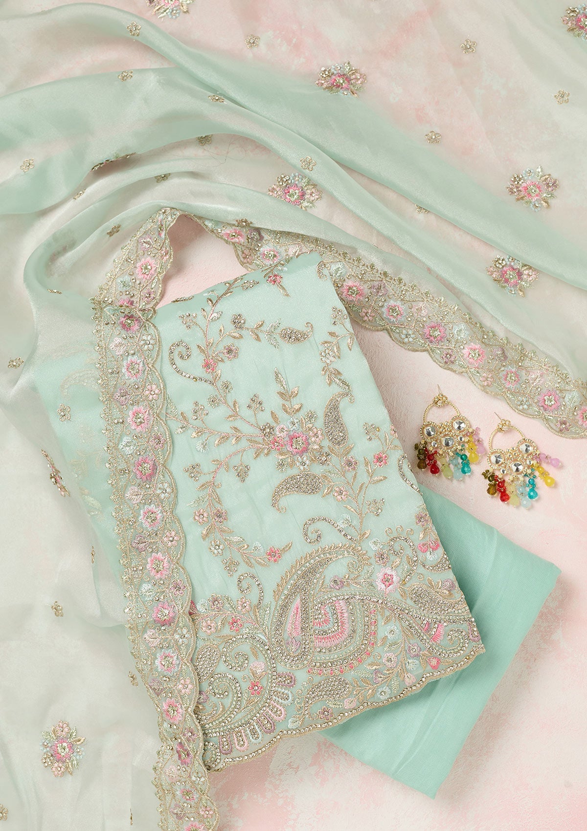 Sea Green Stonework Semi Crepe Unstitched Salwar Suit
