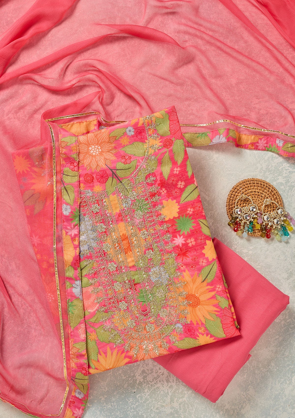 Pink Zariwork (Gold) Cotton Unstitched Salwar Suit