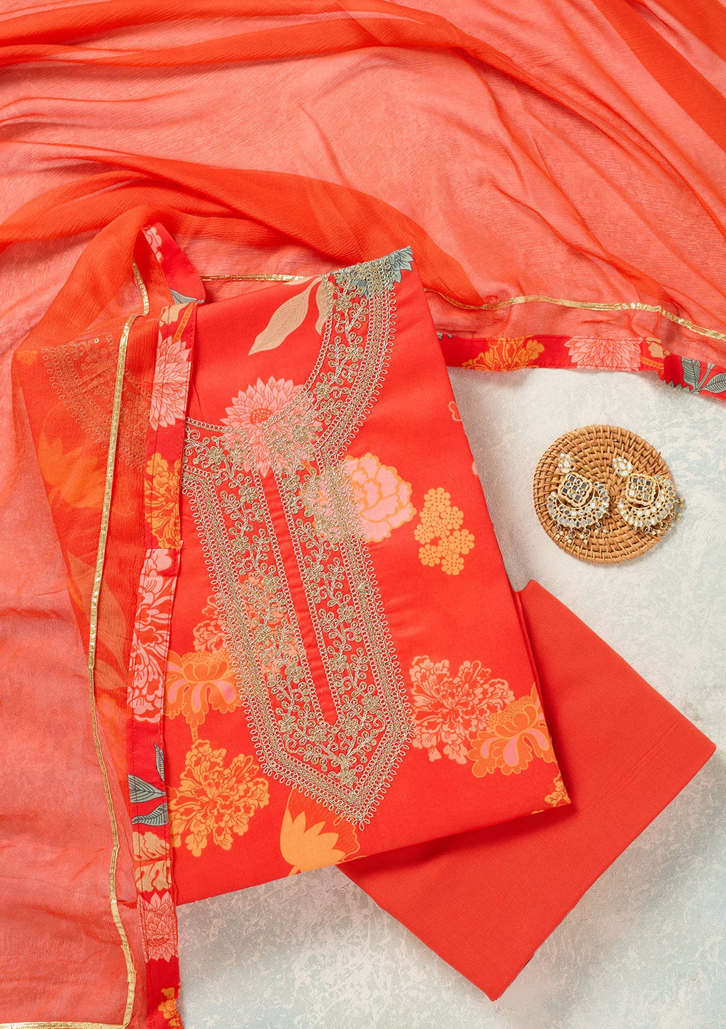 Orange Threadwork Cotton Unstitched Salwar Suit