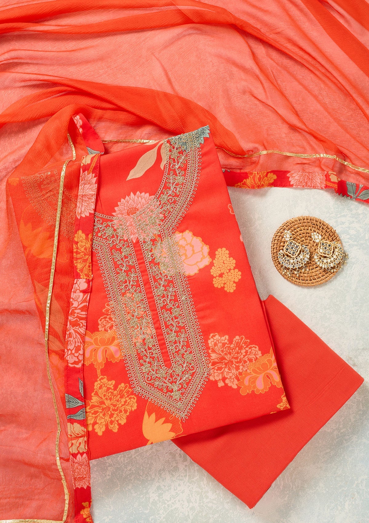 Orange Threadwork Cotton Unstitched Salwar Suit