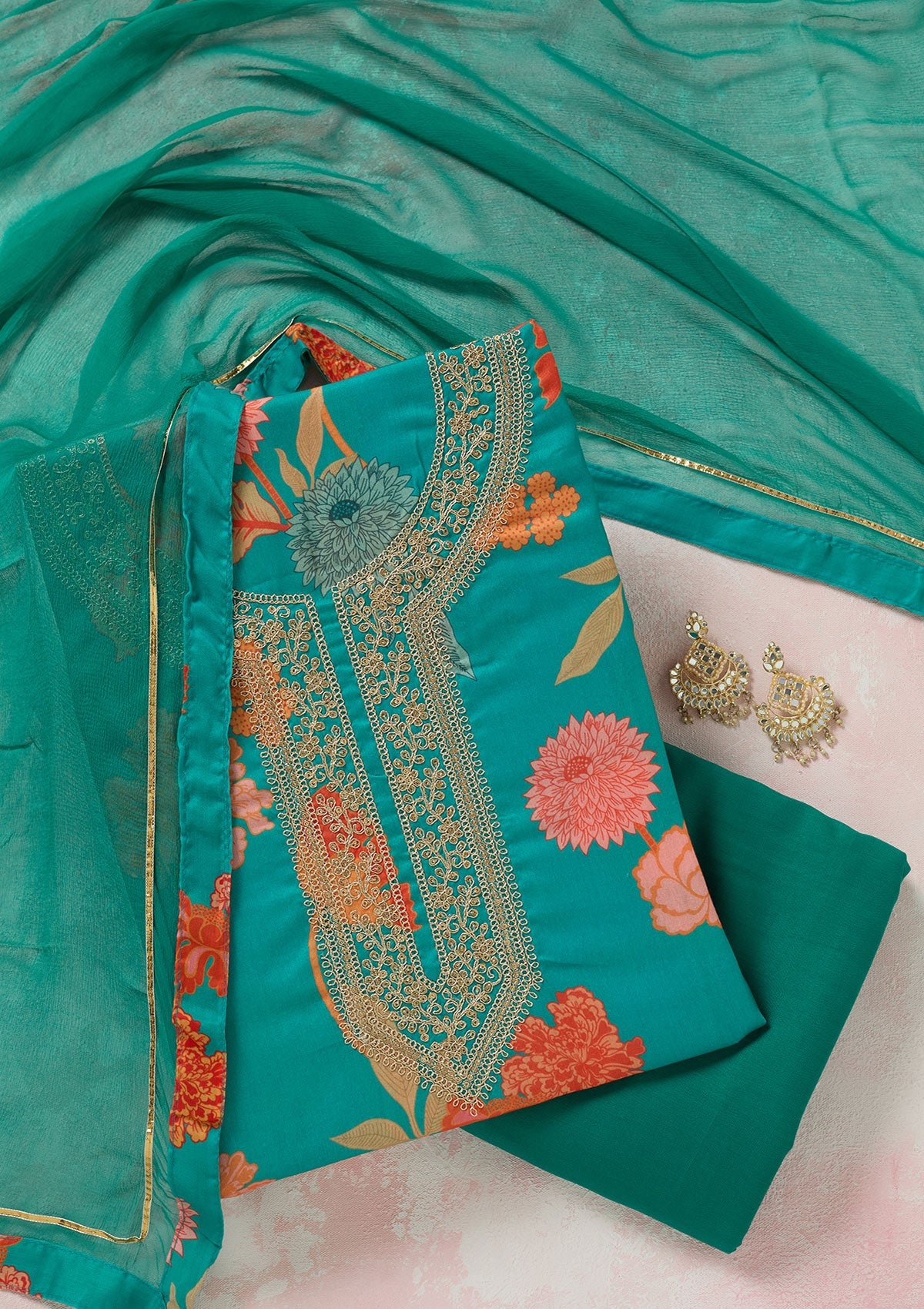 Rama Green Zariwork (Gold) Cotton Unstitched Salwar Suit
