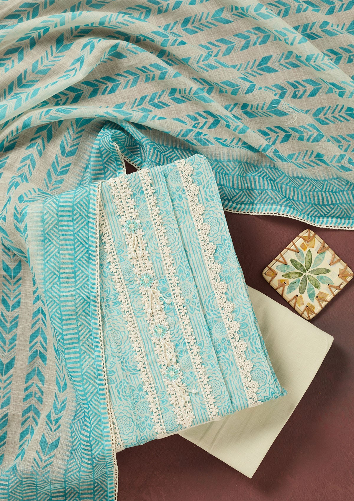 Sea Green Threadwork Cotton Unstitched Salwar Suit