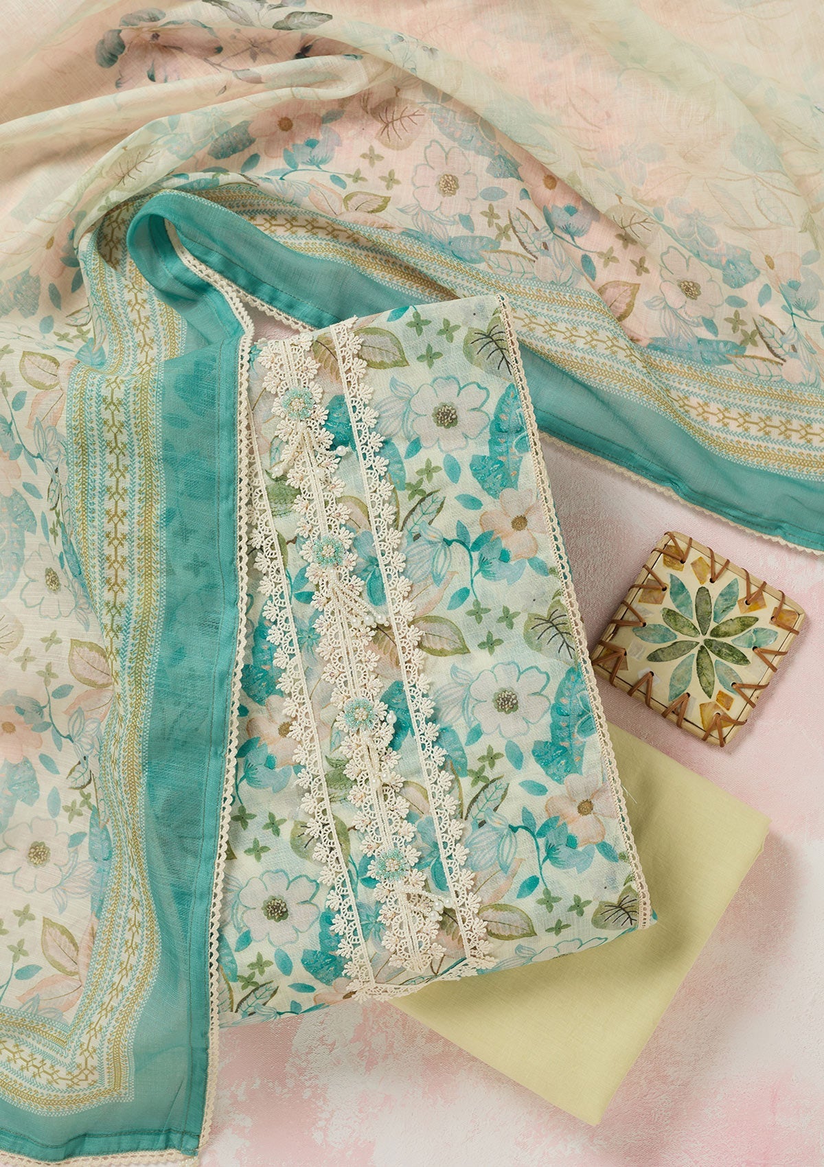 Sea Green Threadwork Linen Unstitched Salwar Suit