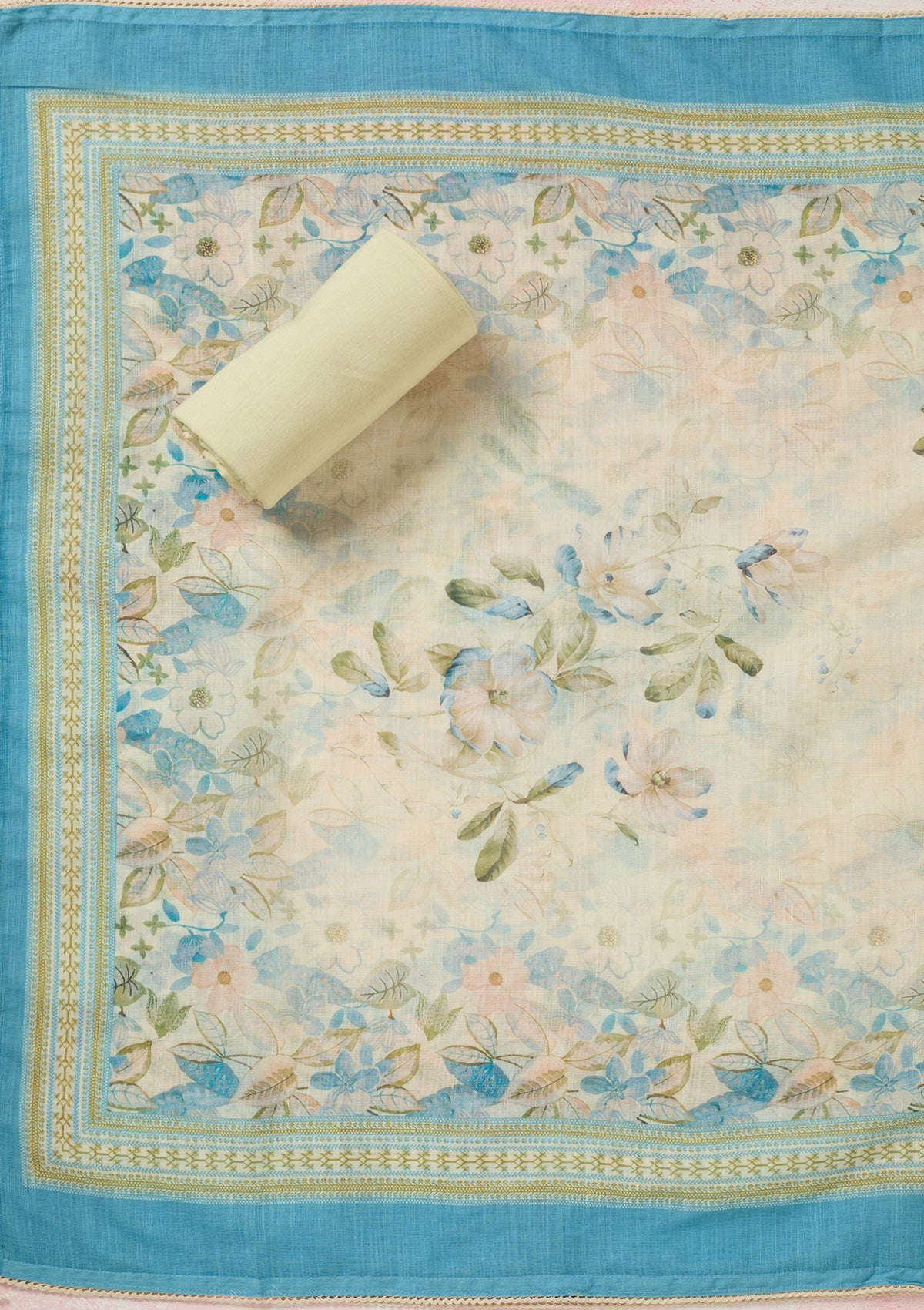 Turquoise Blue Threadwork Linen Unstitched Salwar Suit